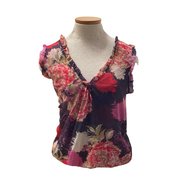 Sweet Pea by Stacy Frati Tops - Y2K Sweet Pea Micro Mesh Floral Tank Top Blouse Womens Medium Fairy Sheer Ruffle